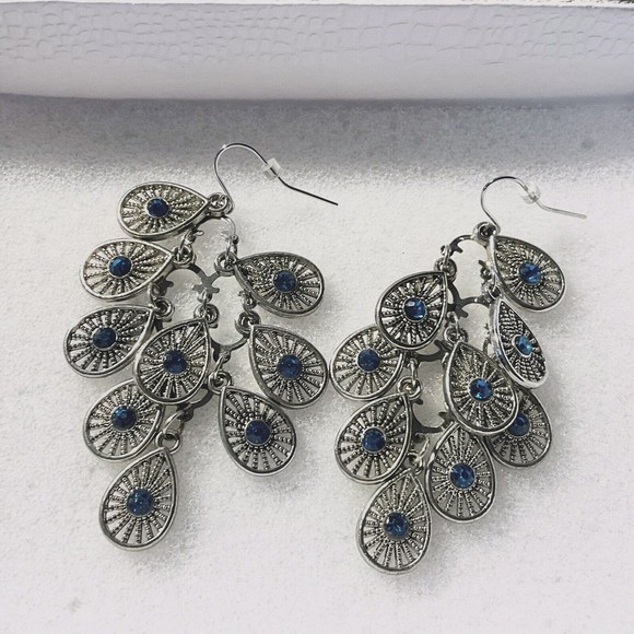 Peacock Tail Chandelier Dangle Pierced Earrings - Picture 2 of 3